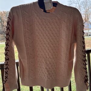 Hem & Thread long sleeve cable-knit pullover lace-up leather detail on sleeves